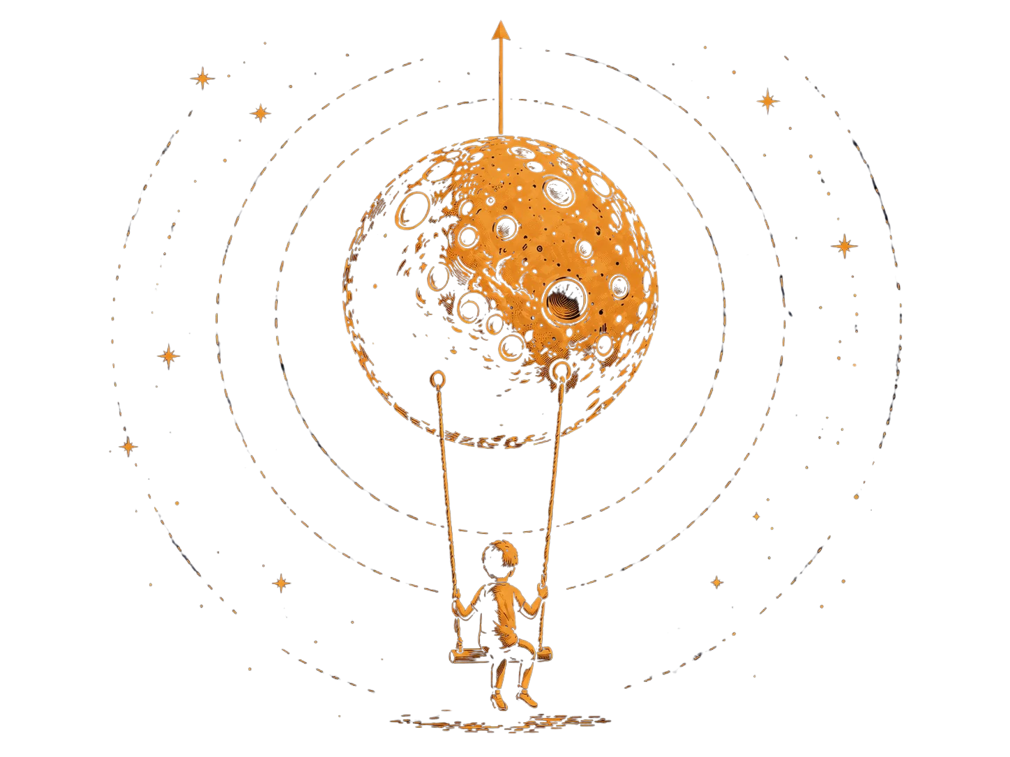 Arte da capa de Física: uma criança em um balanço pendurado na Lua, cercada por órbitas concêntricas.