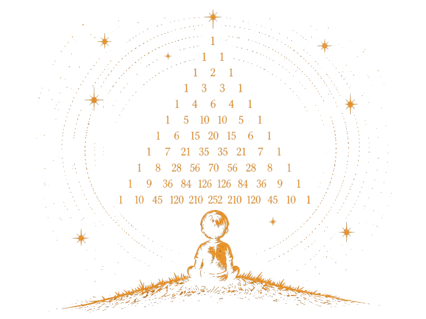 Arte da capa de Matemática: uma criança sentada em uma colina contemplando o Triângulo de Pascal formado por estrelas.