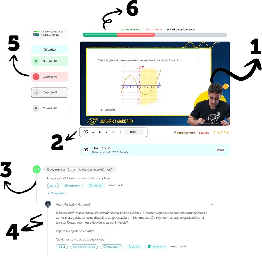 Resoluções, gabarito e suporte nas listas personalizadas