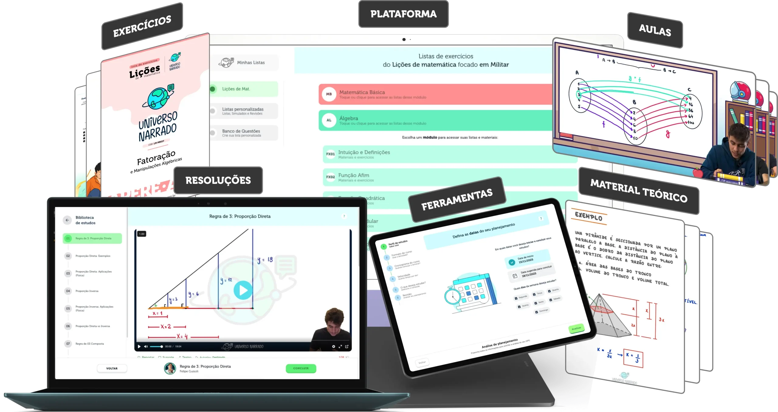 Plataforma Universo Narrado exibida em um monitor, tablet e celular